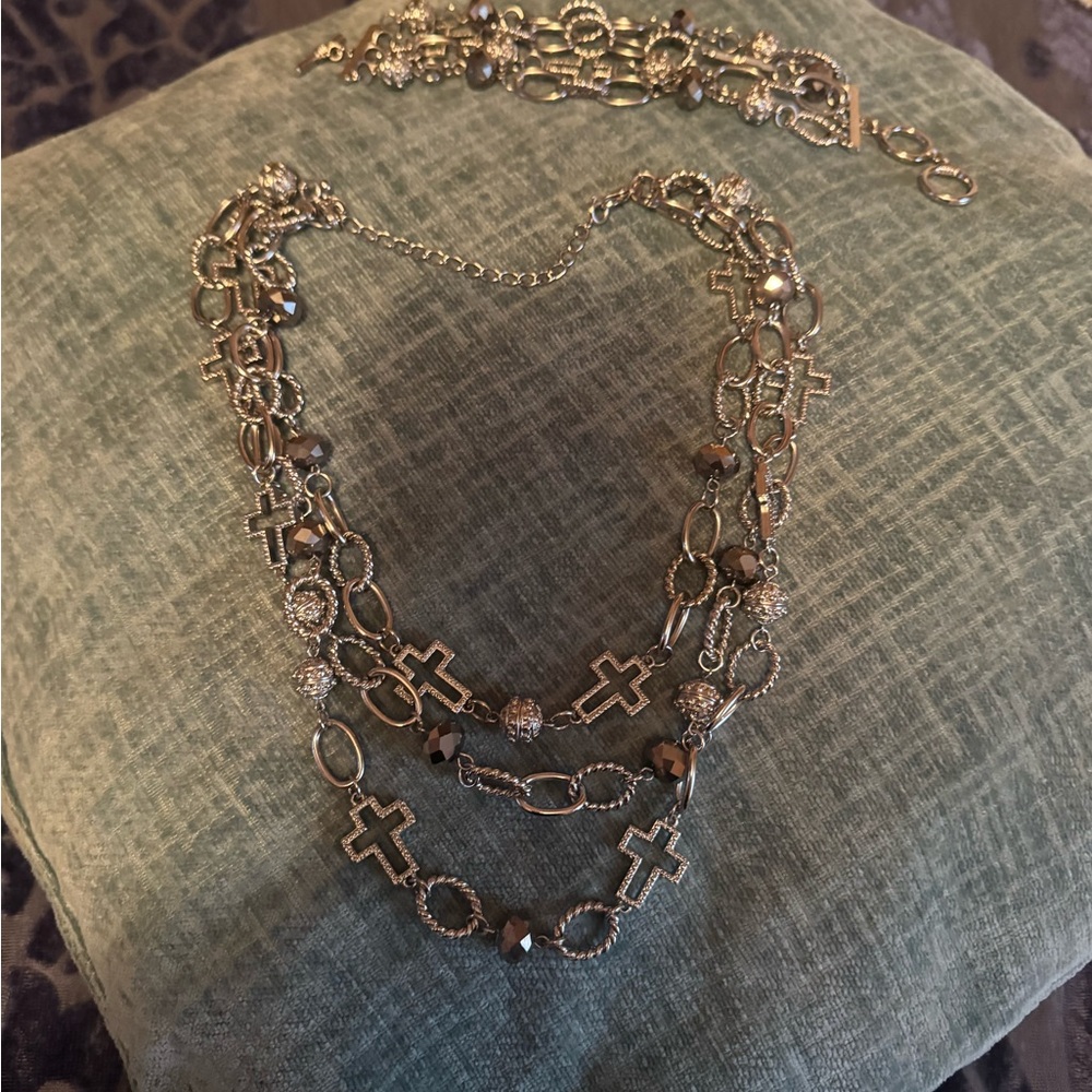 Lia Sophia Gold-Tone Layered Cross & Crystal Bead Necklace